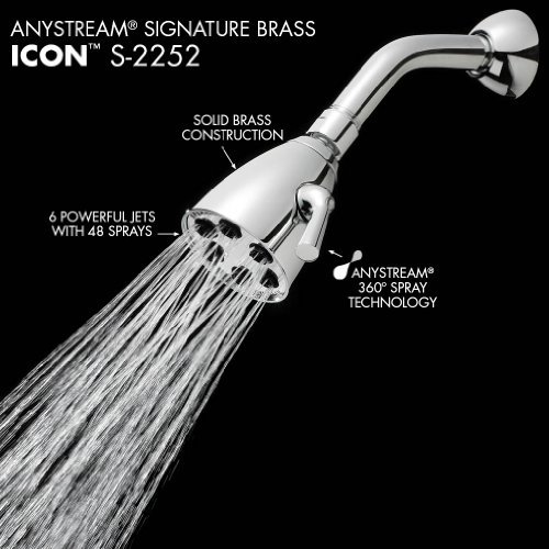 Speakman S-2252 Signature Icon Anystream High Pressure Adjustable 2.5 GPM Solid Brass Shower Head, Polished Chrome