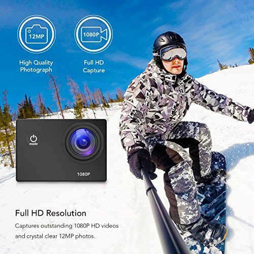 Sports Action Camera 1080P 12MP Waterproof Helmet Camera Underwater Cam with 170 Wide Angle and Rechargeable Battery