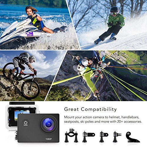 Sports Action Camera 1080P 12MP Waterproof Helmet Camera Underwater Cam with 170 Wide Angle and Rechargeable Battery