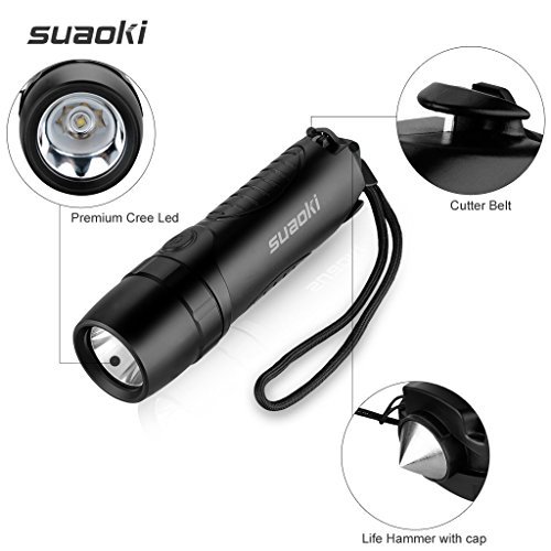 Suaoki Waterproof 4-in-1 Cree Rechargeable LED Torch Flashlight Powered by 5,200 mAh External Battery Charger, Window Smasher and Belt Cutter