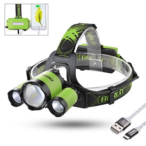 Sunix Zoomable LED Headlamp, Micro USB Rechargeable with 2 PCS 18650 Batteries -2200 lumen, As 4400mAh Power Bank, 4 Lightging Modes Perfect for Running, Camping, Hiking (Green)