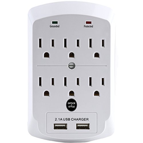 Surge Protector, Electronics Charging Station, 6 Outlet 2 USB Port Wall Adapter with Safety Indicator Lights - White - By Office + Style