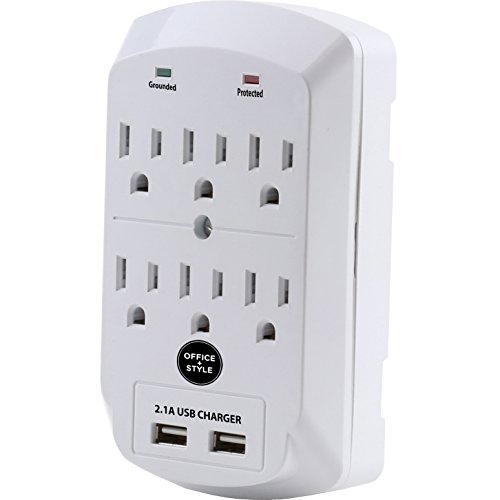 Surge Protector, Electronics Charging Station, 6 Outlet 2 USB Port Wall Adapter with Safety Indicator Lights - White - By Office + Style