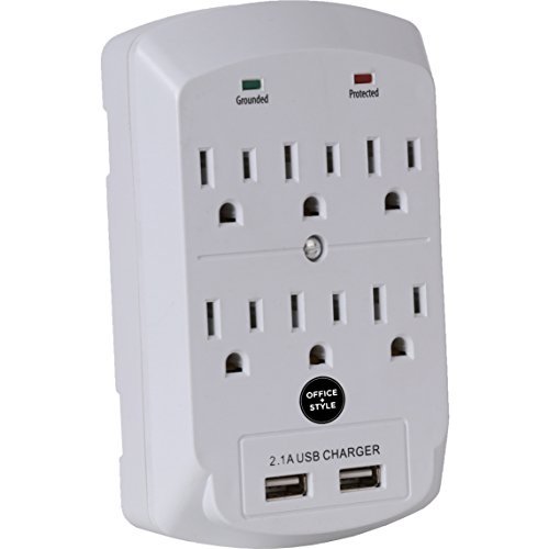 Surge Protector, Electronics Charging Station, 6 Outlet 2 USB Port Wall Adapter with Safety Indicator Lights - White - By Office + Style