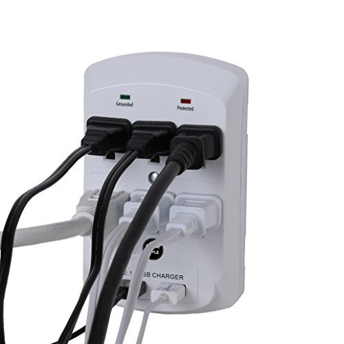 Surge Protector, Electronics Charging Station, 6 Outlet 2 USB Port Wall Adapter with Safety Indicator Lights - White - By Office + Style