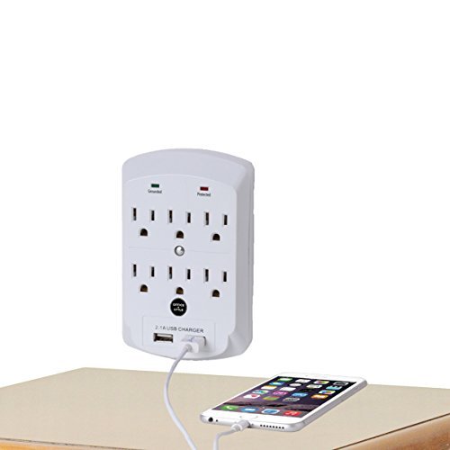 Surge Protector, Electronics Charging Station, 6 Outlet 2 USB Port Wall Adapter with Safety Indicator Lights - White - By Office + Style