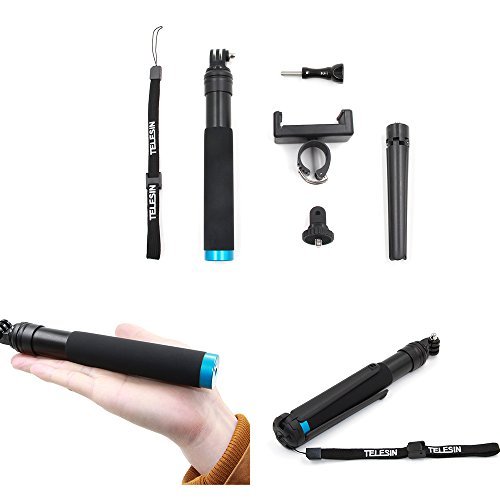 TELESIN Aluminum Alloy Extendable Handheld Monopod Tripod Pole Selfie Stick with Tripod Mount Stand for GoPro Hero 5 4 3 2 1, Session, Cellphone and Compact Action Camera