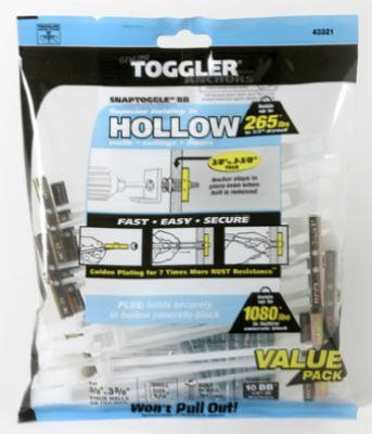 TOGGLER SNAPTOGGLE BB Toggle Anchor with Bolts, Zinc-Plated Steel Channel, Made in US, 3/8" to 3-5/8" Grip Range, For 1/4"-20 UNC Fastener Size