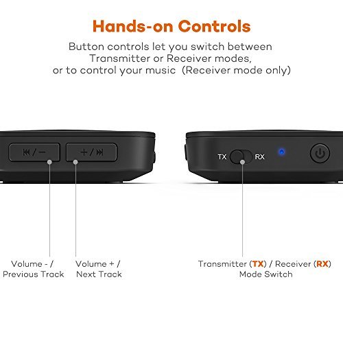 TaoTronics Bluetooth 4.1 Transmitter / Receiver, Wireless 3.5mm Audio Adapter (aptX Low Latency, Pair 2 At Once, For TV / Car Sound System, Volume Control)