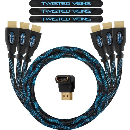 Twisted Veins Three (3) Pack of (1.5 ft) High Speed HDMI Cables + Right Angle Adapter and Microfiber Cable Ties (Latest Version Supports Ethernet, 3D, and Audio Return, 4K Resolution)