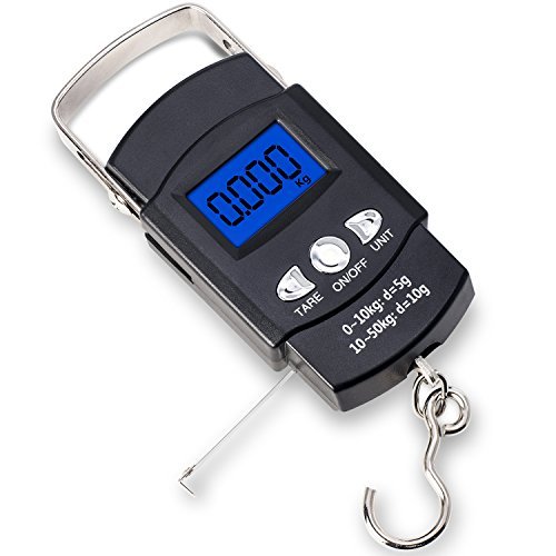 TyhoTech Fishing Scale 110lb/50kg Backlit LCD Screen Postal Electronic Balance Digital Fish Hook Hanging Scale with Measuring Tape Ruler, D Shape Buckle and Carry Bag Included