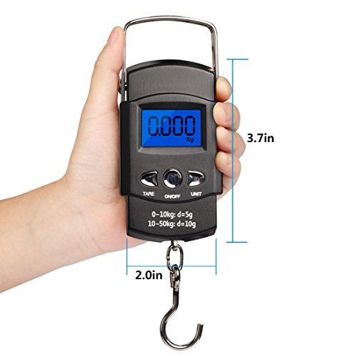 TyhoTech Fishing Scale 110lb/50kg Backlit LCD Screen Postal Electronic Balance Digital Fish Hook Hanging Scale with Measuring Tape Ruler, D Shape Buckle and Carry Bag Included