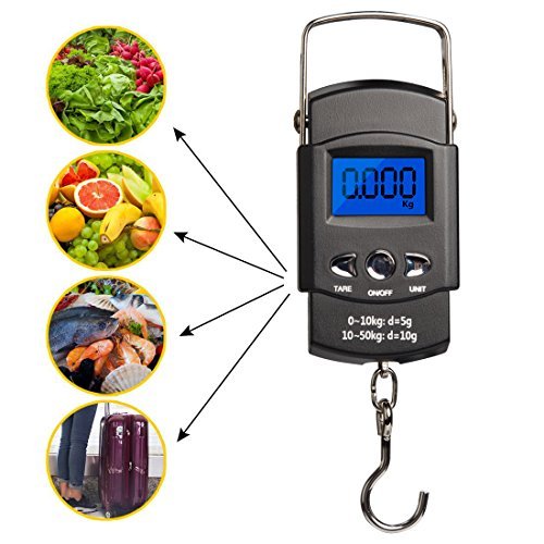 TyhoTech Fishing Scale 110lb/50kg Backlit LCD Screen Postal Electronic Balance Digital Fish Hook Hanging Scale with Measuring Tape Ruler, D Shape Buckle and Carry Bag Included