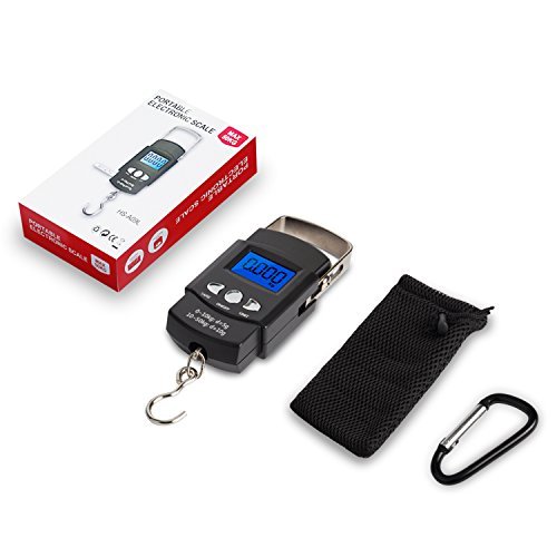 TyhoTech Fishing Scale 110lb/50kg Backlit LCD Screen Postal Electronic Balance Digital Fish Hook Hanging Scale with Measuring Tape Ruler, D Shape Buckle and Carry Bag Included