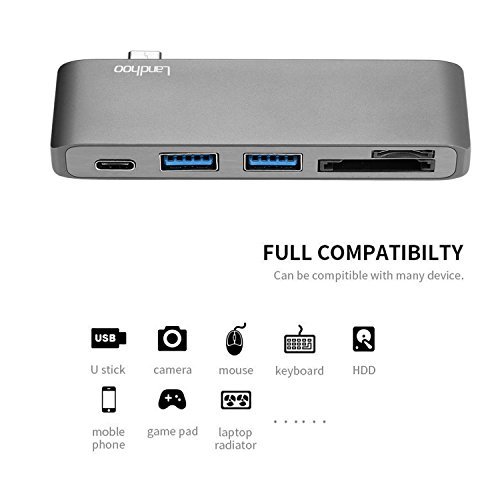 Type-C USB 3.0 5 in 1 Combo Hub for MacBook, Aluminum Multi-Port Adapter with USB-C Charging Port, Type-C Pass Through, 2 USB 3.0 Ports, SD/Micro Card Reader (Space Gray)