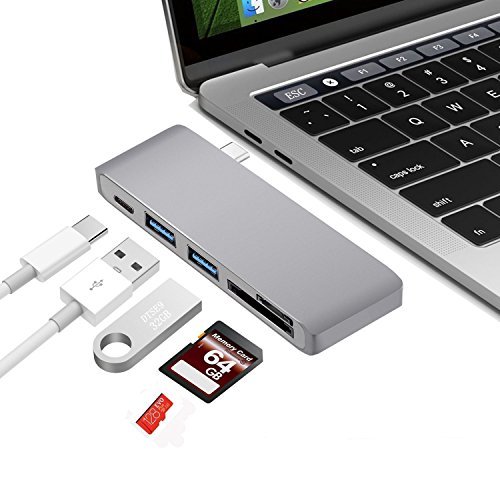 Type-C USB 3.0 5 in 1 Combo Hub for MacBook, Aluminum Multi-Port Adapter with USB-C Charging Port, Type-C Pass Through, 2 USB 3.0 Ports, SD/Micro Card Reader (Space Gray)