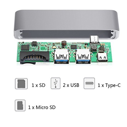 Type-C USB 3.0 5 in 1 Combo Hub for MacBook, Aluminum Multi-Port Adapter with USB-C Charging Port, Type-C Pass Through, 2 USB 3.0 Ports, SD/Micro Card Reader (Space Gray)