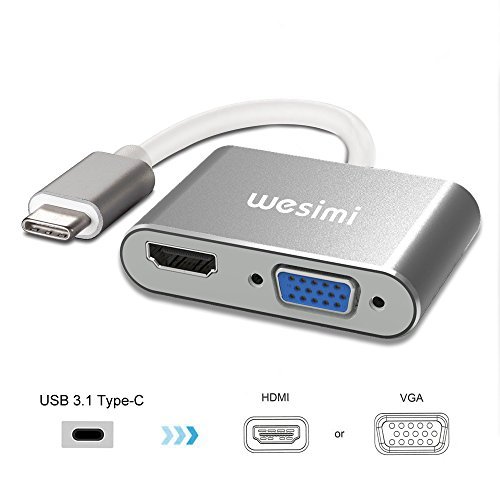 Type C to HDMI +VGA Adapter, wesimi USB 3.1 Type C (USB C) to VGA HDMI UHD Converter Adapter with Aluminium Case for MacBook/ChromeBook Pixel, Plug and Play