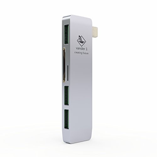 USB 3.0 Type C Combo Hub For MacBook By Vander1 - 3 Ports, 1 SD & 1 Micro SC Card Reader Slots - High Speed Data Transfer - Durable Aluminum Construction - Lightweight, Compact, Travel Design - Silver