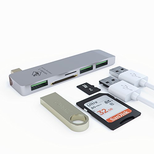 USB 3.0 Type C Combo Hub For MacBook By Vander1 - 3 Ports, 1 SD & 1 Micro SC Card Reader Slots - High Speed Data Transfer - Durable Aluminum Construction - Lightweight, Compact, Travel Design - Silver