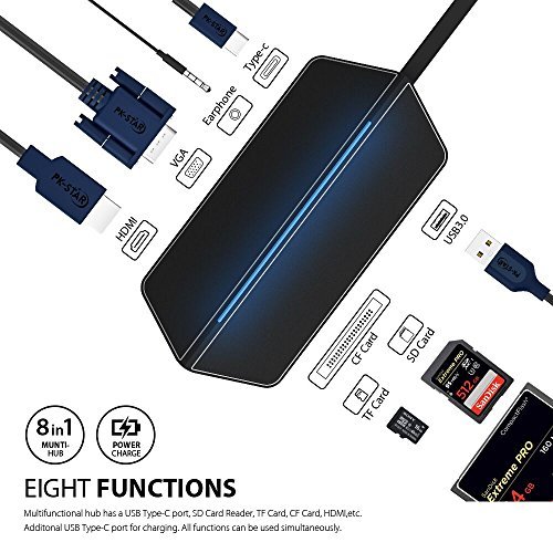 USB C Adapter, PK-STAR Premium USB C Hub 8-in-1 HDMI 4K+ USB 3.0 + USB Type C 3.0 High-Speed Data Syncing and Charging Multiports for MacBook Pro , Google Chromebook and More Type C Devices