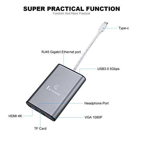 USB C/Type C Hub Docking [8-in-1] Erastride TD701 USBC Adapter with Multi-Functions Including Type C Charging, USB 3.0 Port, HDMI, SD/TF Card Reader, VGA, RJ45, Audio