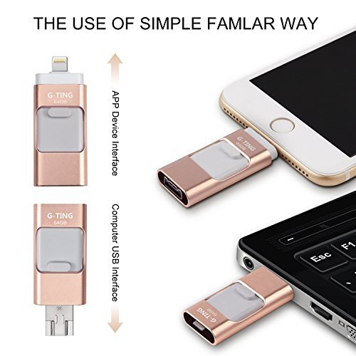 USB Flash Drives for iPhone 64GB Pen-Drive Memory Storage, G-TING Jump Drive Lightning Memory Stick External Storage, Memory Expansion for Apple IOS Android Computers (Pink)