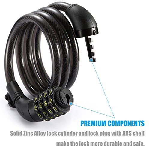 UShake Bike Lock Cable, 4-Feet Bike Cable Basic Self Coiling Resettable Combination Cable Bike Locks with Complimentary Mounting Bracket, 4 Feet x 1/2 Inch