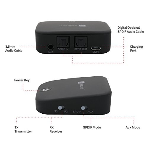 Ubittek Bluetooth Transmitter and Receiver Digital Optical TOSLINK and 3.5mm Wireless Audio Adapter for TV / Home/Car Stereo System - AptX Low Latency, 2-in-1 Bluetooth 4.1 Receiver Transmitter