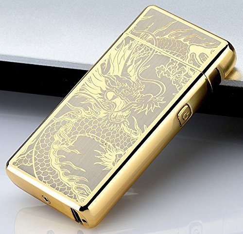 Unishow ® USB Rechargeable Flameless Electronic Plasma Pulse Cigarette Metal Lighter in Gift Box-Double Arc (Gold Dragon) 