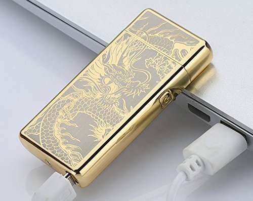 Unishow ® USB Rechargeable Flameless Electronic Plasma Pulse Cigarette Metal Lighter in Gift Box-Double Arc (Gold Dragon) 