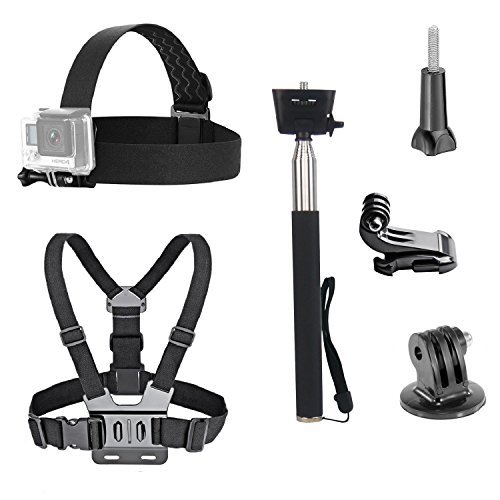 VVHOOY 3 in 1 Universal Waterproof Action Camera Accessories Bundle Kit - Head Strap Mount/Chest Harness/Selfie stick for Sports Action Camera