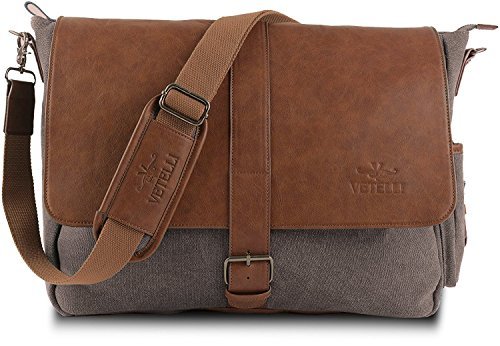 Vetelli Laptop / Computer / Messenger / Tablet Bag with scratch protection lining for laptops or Macbooks up to 15.6". Leather + Charcoal Grey Canvas - Large size bag: 18" x 12" x 5