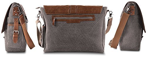 Vetelli Laptop / Computer / Messenger / Tablet Bag with scratch protection lining for laptops or Macbooks up to 15.6". Leather + Charcoal Grey Canvas - Large size bag: 18" x 12" x 5