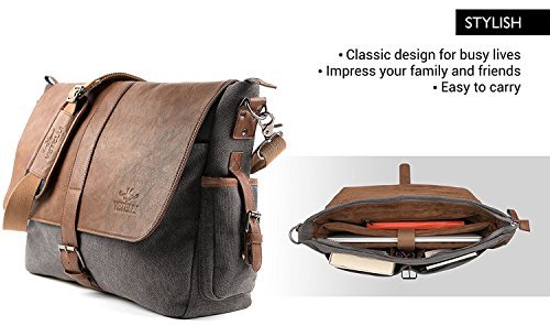 Vetelli Laptop / Computer / Messenger / Tablet Bag with scratch protection lining for laptops or Macbooks up to 15.6". Leather + Charcoal Grey Canvas - Large size bag: 18" x 12" x 5