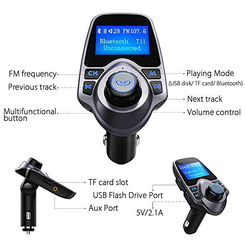 VicTsing FM Transmitter, Bluetooth FM Transmitter Radio Adapter Car Kit With 5V 2.1A USB Car Charger MP3 Player Support TF Card USB Flash Drive