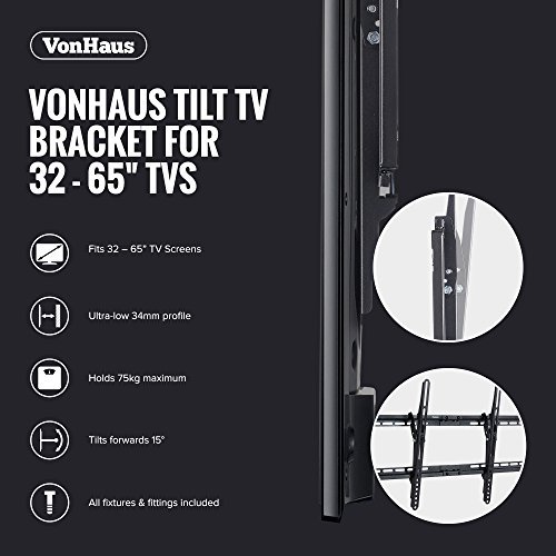 VonHaus TV Bracket Wall Mount with Tilt- for 32-65 inch LCD LED Plasma Flat Panels – Flat to Wall - Heavy Gauge Reinforced Steel