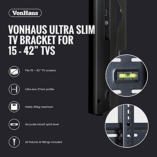 VonHaus Ultra Slim TV Wall Mount for 15-42 inch LCD LED 3D Plasma TVs Super Strong 88lbs Weight Capacity