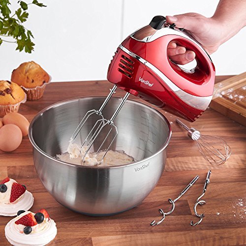 VonShef RED 250W Hand Mixer Whisk With Chrome Beater, Dough Hook, 5 Speed and Turbo Button + FREE Balloon Whisk