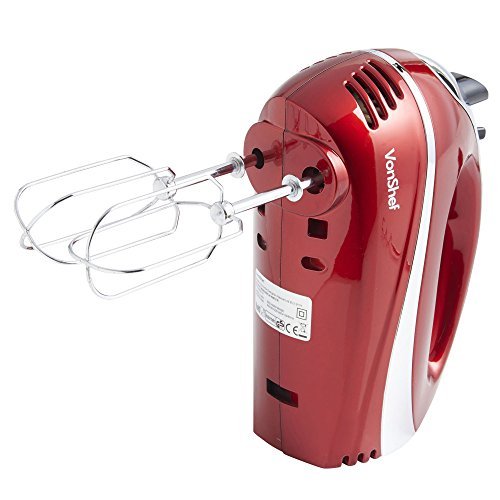 VonShef RED 250W Hand Mixer Whisk With Chrome Beater, Dough Hook, 5 Speed and Turbo Button + FREE Balloon Whisk