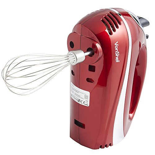 VonShef RED 250W Hand Mixer Whisk With Chrome Beater, Dough Hook, 5 Speed and Turbo Button + FREE Balloon Whisk