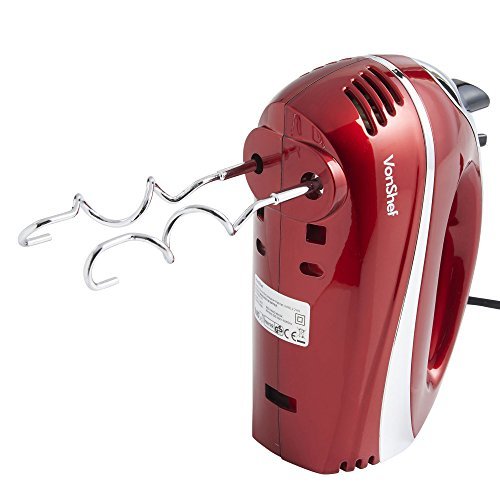 VonShef RED 250W Hand Mixer Whisk With Chrome Beater, Dough Hook, 5 Speed and Turbo Button + FREE Balloon Whisk