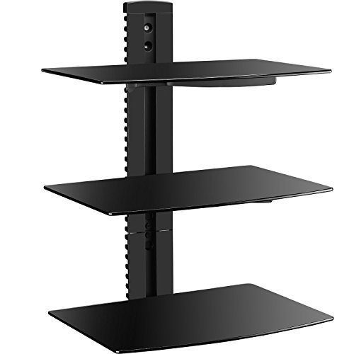 WALI Floating Wall Mounted Shelf with Strengthened Tempered Glasses for DVD Players/Cable Boxes/TV Accessories, multiple combination and function, 3 Shelf, Black