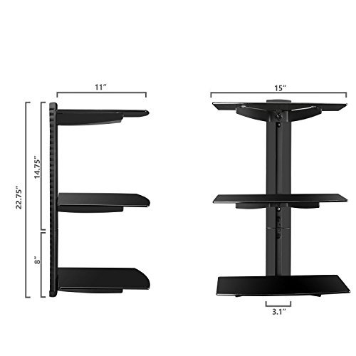 WALI Floating Wall Mounted Shelf with Strengthened Tempered Glasses for DVD Players/Cable Boxes/TV Accessories, multiple combination and function, 3 Shelf, Black