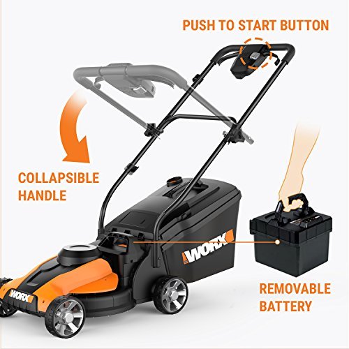 WORX 14-Inch 24-Volt Cordless Lawn Mower with Easy-Start Feature, Removable Battery, and Grass Collection Bag – WG775