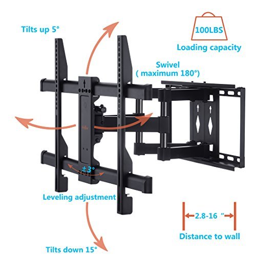 Wall Mount TV Bracket For 37-70” TVs - Full Motion with Articulating Arm & Swivel - Holds up to 110 lbs & Extends 16” - Fits Plasma Flat Screen TV Monitor Includes Surge Protector by PERLESMITH