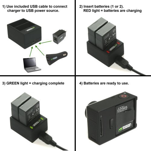 Wasabi Power Battery (2-Pack) and Dual Charger for GoPro Hero3, Hero3+ and GoPro AHDBT-201, AHDBT-301, AHDBT-302, AHBBP-301, ACARC-001, AWALC-001 (with Car and US Plug)