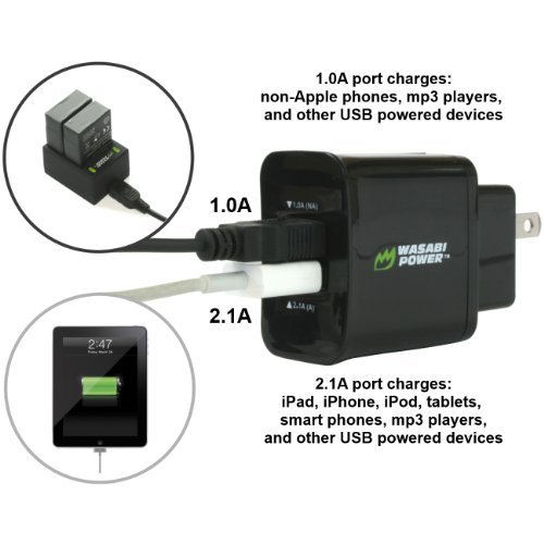 Wasabi Power Battery (2-Pack) and Dual Charger for GoPro Hero3, Hero3+ and GoPro AHDBT-201, AHDBT-301, AHDBT-302, AHBBP-301, ACARC-001, AWALC-001 (with Car and US Plug)