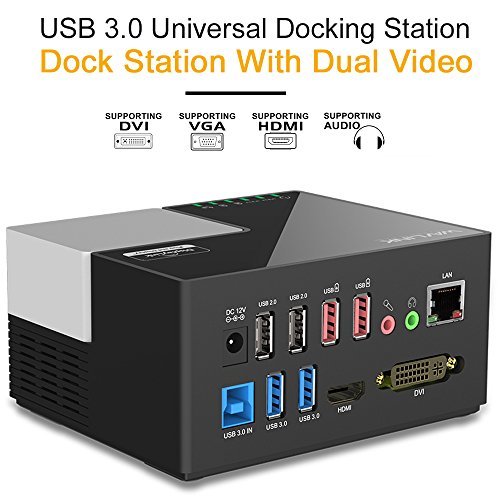 Wavlink USB 3.0 Dual Video Docking Station Dual Video Monitor Display DVI, HDMI,VGA,Gigabit Ethernet, Audio, 4 USB Ports, 2 Charging Port for Laptop, Ultrabook and PC-Black