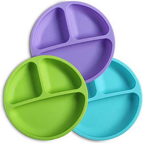 WeeSprout Silicone Divided Toddler Plates - 3 Pack - Easy to Clean - Dishwasher and Microwave Safe - Soft, Skid Resistant and Unbreakable - FDA/LFGB Certified Silicone - Great for Baby or Older Kids